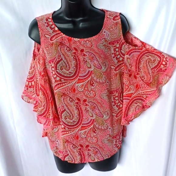 I Jeans by Buffalo Pink Paisley Cold Shoulder Flutter Sleeve Blouse Large - Picture 1 of 6